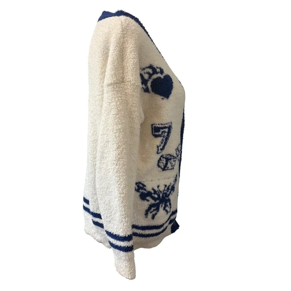 Novelty Boucle Knit Cardigan Cream/Navy Preppy Academia Sweater Forever 21 Sz S